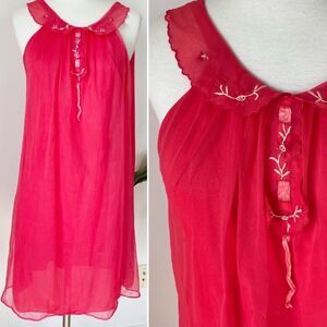 Vintage 70s 80s Red Nylon Night Pajama Dress Women Size Small Flowy Net Mesh